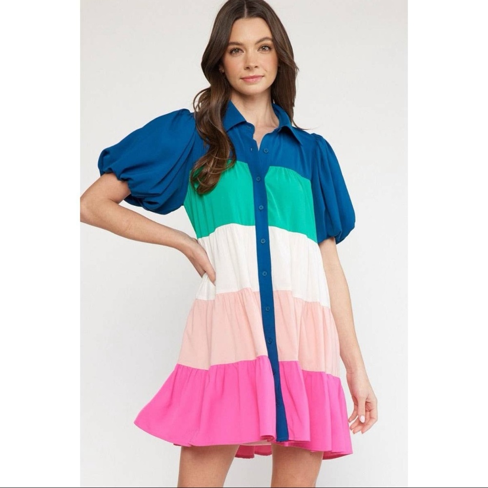 Collared button up puff sleeve mini dress
